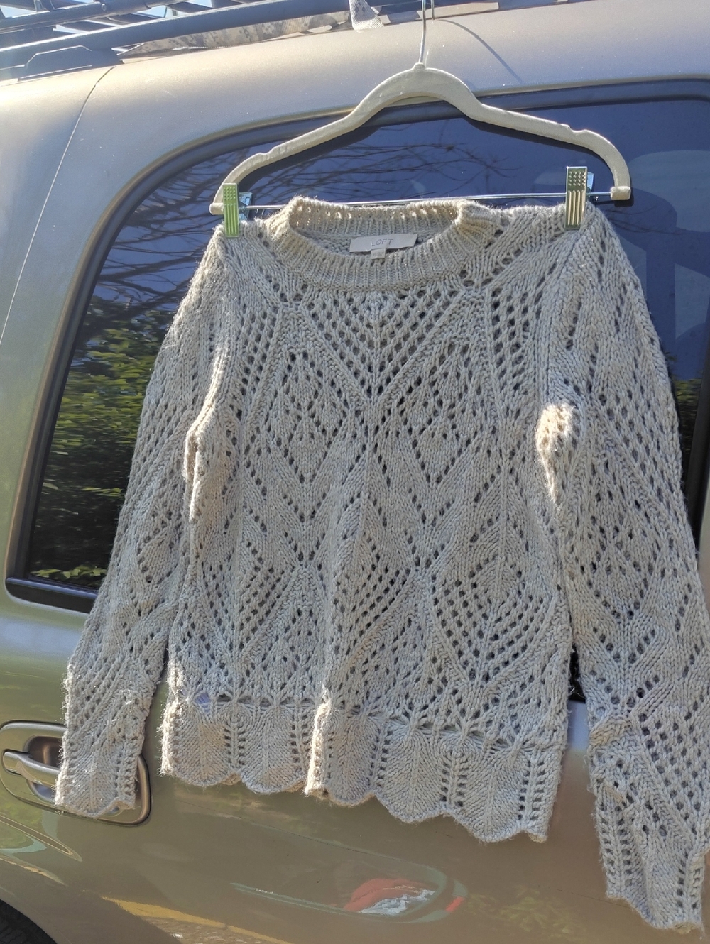 LOFT Open-Knit Diamond Crewneck Sweater in Cream